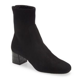 RON WHITE Women Odelia Suede Square Toe Croc-embossed Heel Bootie in Onyx Black